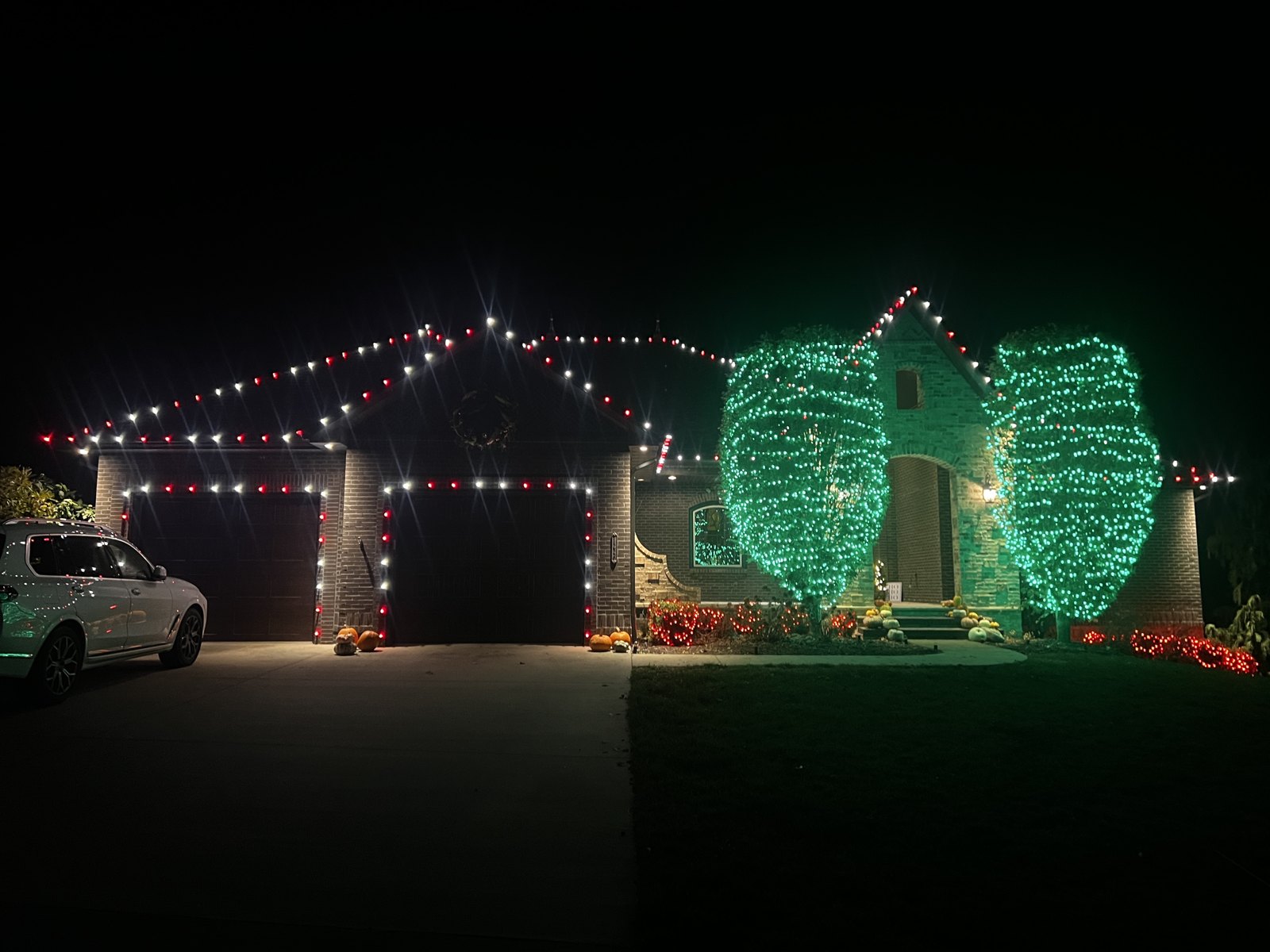 Green-lit trees and multicolor Christmas roofline lights